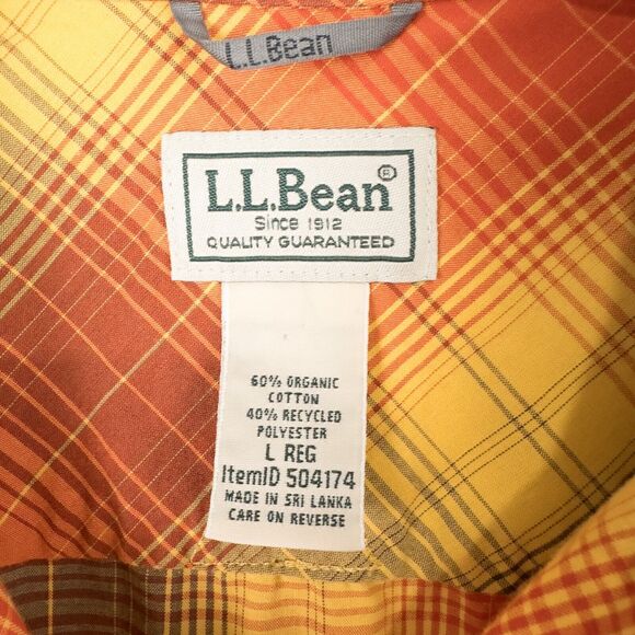 LL Bean Otter Cliff Shirt Mens Large Plaid Orange Yellow Zip Pocket Cotton Poly - Picture 3 of 16